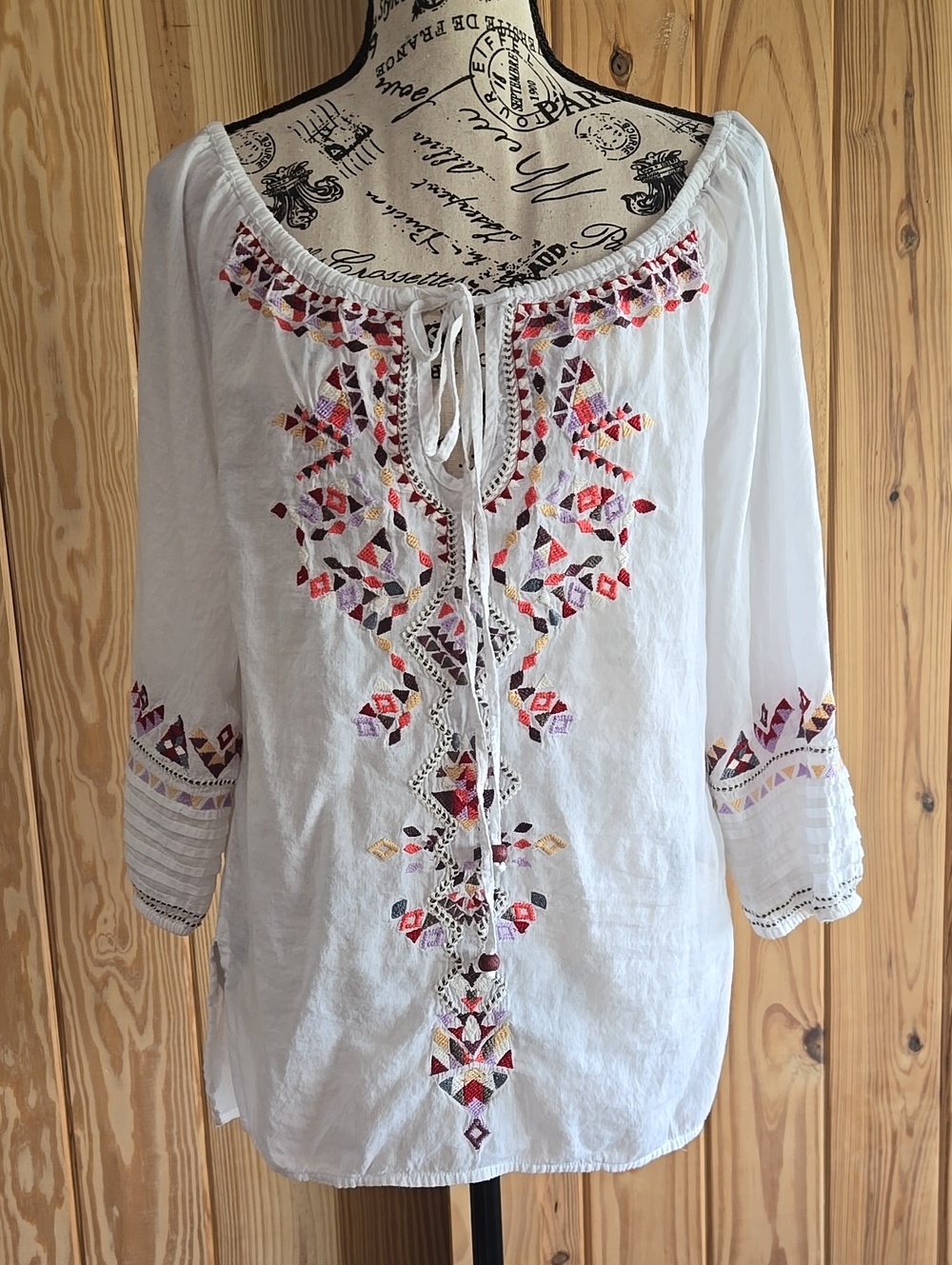 Boston Proper White Off Shoulder Peasant Blouse with Multicolor Embroidery